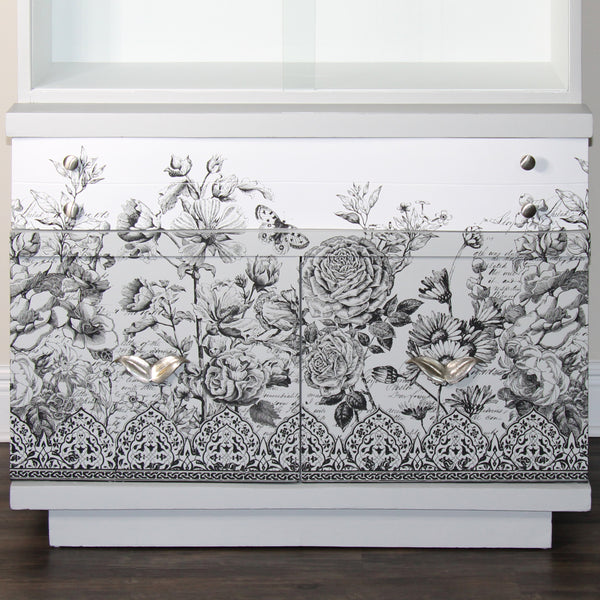IOD Astoria Foliage, Classic Bouquet, Winter's Song Decor Transfer on Fusion Mineral Painted Cabinet