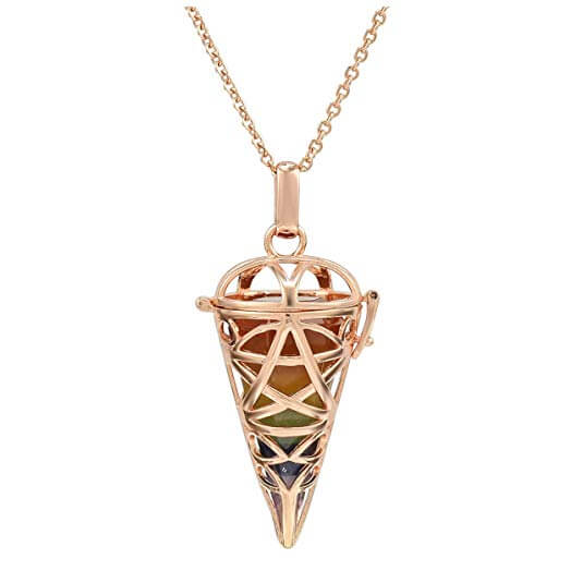 Jovivi 7 chakra healing crystal quartz conical locket pendant rose gold, front side
