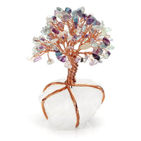 Jovivi Fluorite Crystals Copper Tree of Life Wrapped On Natural Clear Quartz Base Money Tree Feng Shui Figurine, front side, asd020806