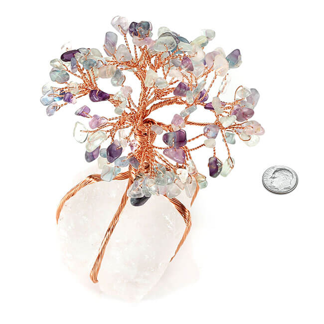jovivi Chakra Healing Fluorite Crystals Copper Tree of Life Wrapped On Natural Clear Quartz Crystal Base Money Tree Feng Shui Luck Figurine Decoration size, asd020806