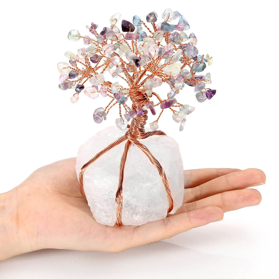 jovivi Chakra Healing Fluorite Crystals Copper Tree of Life Wrapped On Natural Clear Quartz Crystal Base Money Tree Feng Shui Luck Figurine Decoration, asd020806