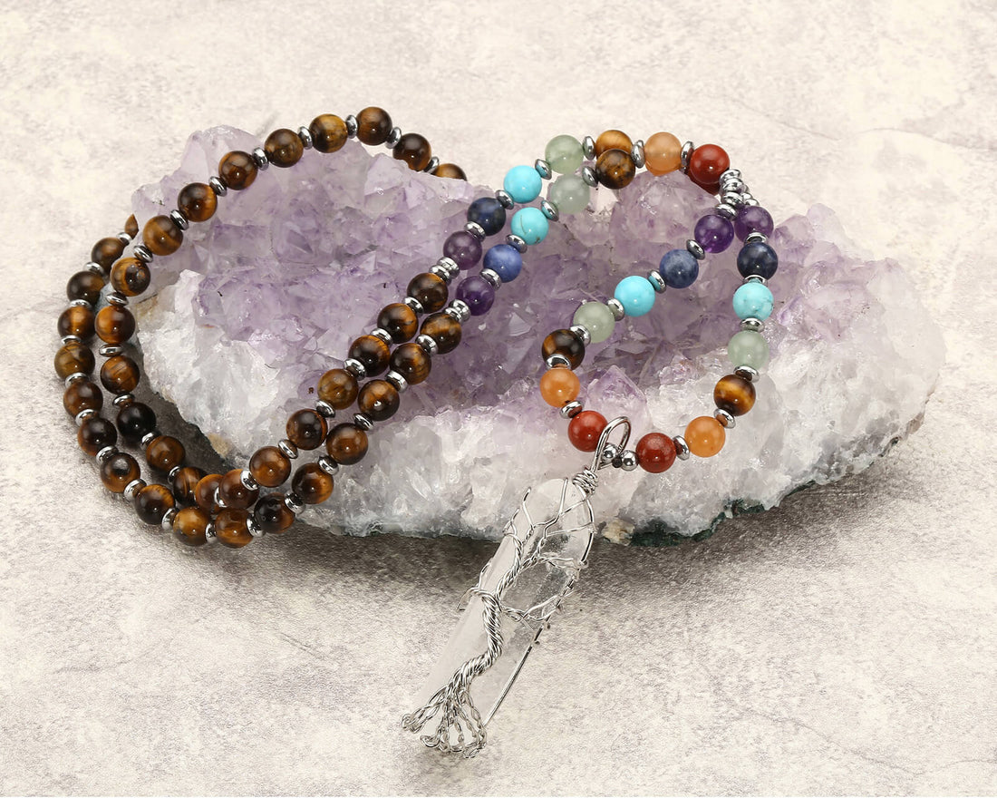 jovivi 108beads chakras necklace with clear quartz pendant, jjn07130