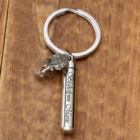 jovivi customized cylinder urn keychain for holding ashes with tree of life charm, front side, jnf006401