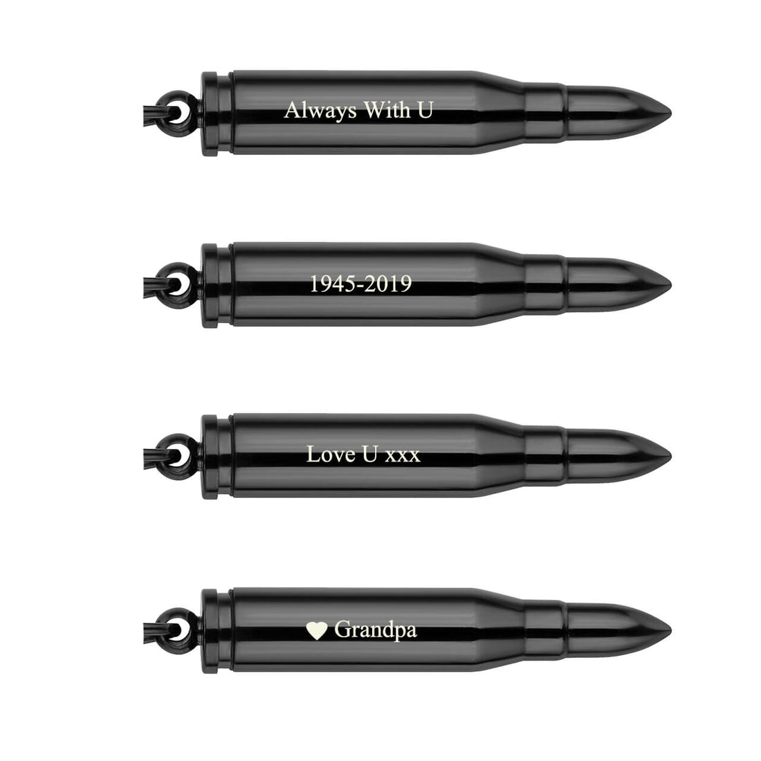 jovivi black bullet urn pendant personalized example. jnz04980 