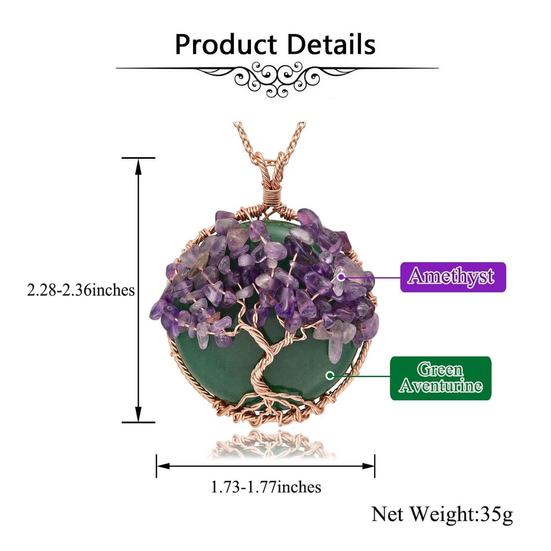 jovivi natural gemstones tree of life copper wrapped pendant neckalce, green aventutine & amethyst chip stones, size, qnd5710