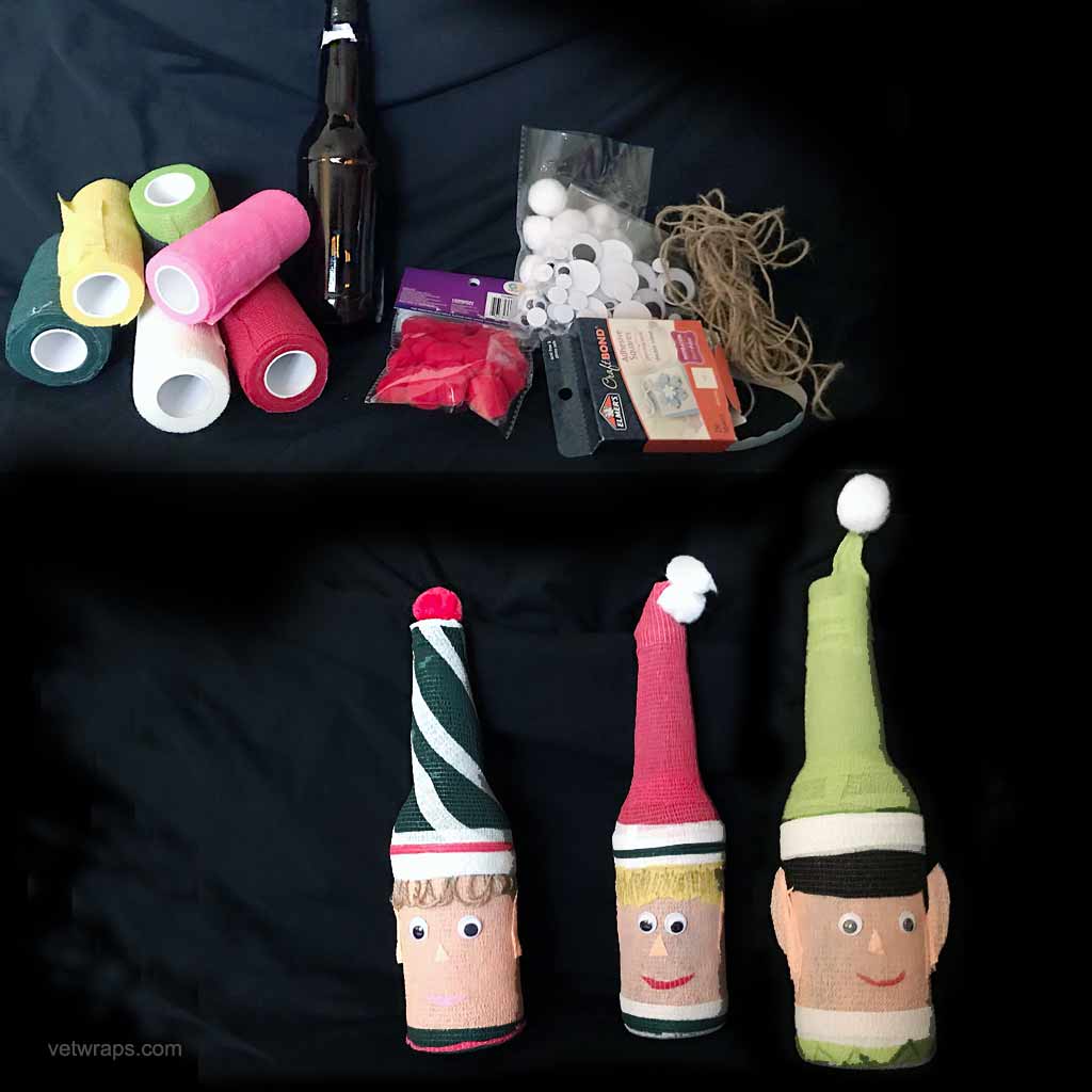 Christmas Elves made from long-neck beer bottles and WildCow Vet Wrap