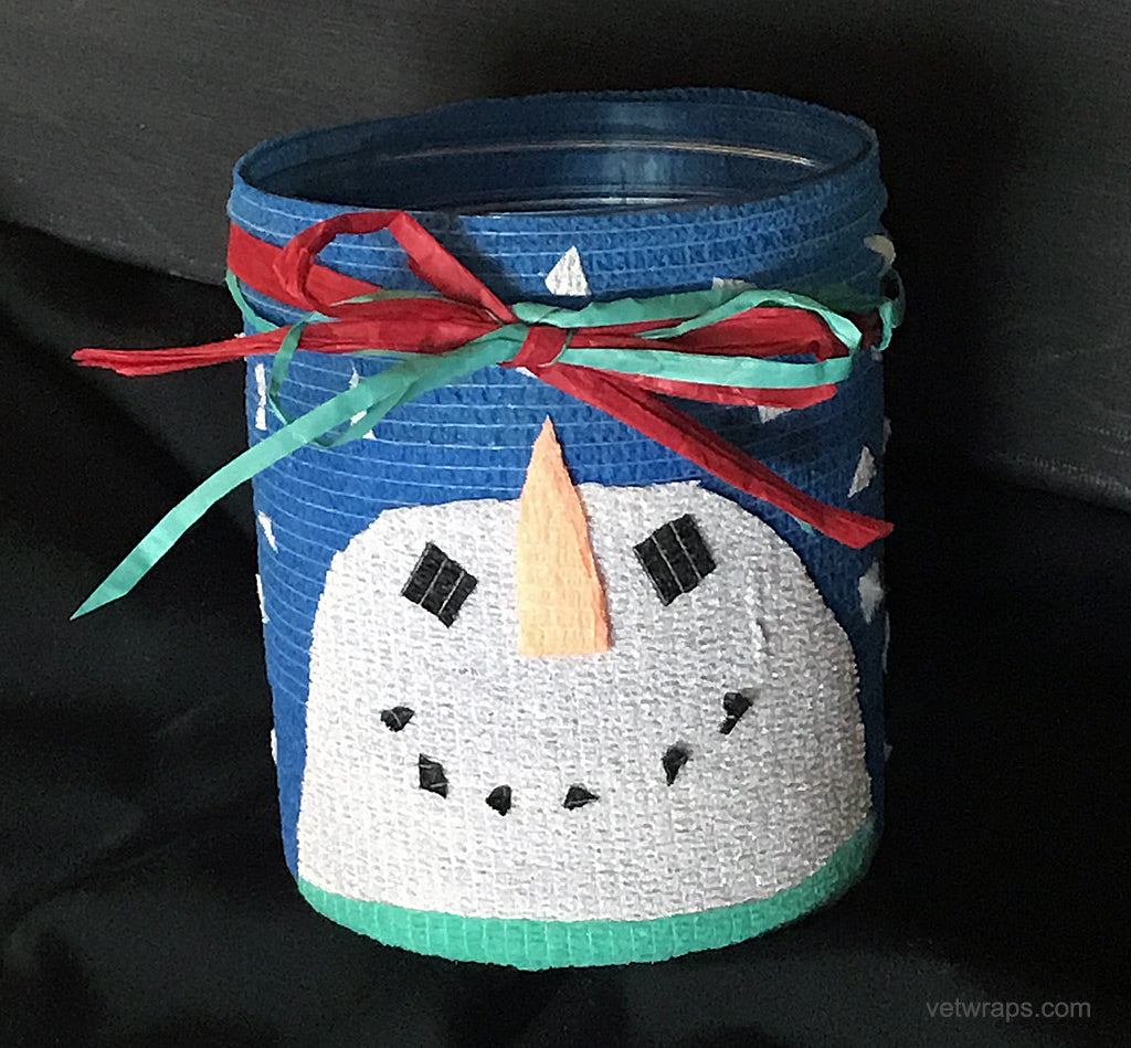 Jar Snowman created with Talenti Ice Cream Container and WildCow Vet Wrap