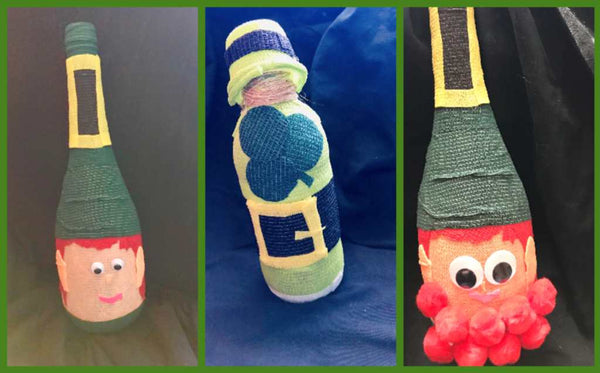 Leprechauns made with wine bottles and vet wrap