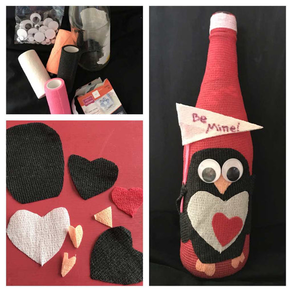 Valentine wine bottles made with red, white and black vet wrap