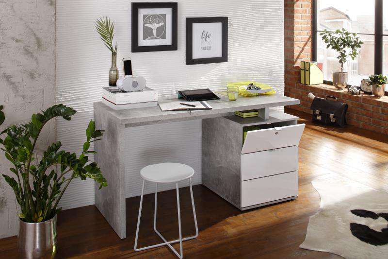 Maja Victoria Office Desk In Concrete And High Gloss White 4056