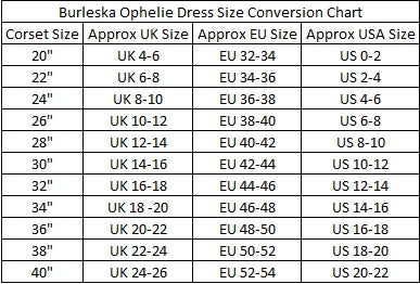Burleska Ophelie Dress Size Conversion Chart