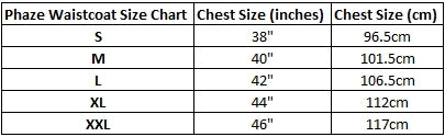 Phaze Waistcoat Size Chart