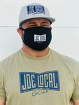 Joe Local Black cotton face mask. Attaches at ears. Covers face from nose to under chin. Picture also features Joe Local flat billed hat and Joe Local original logo t-shirt in olive green.