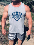 Joe Local SoCal Tank Top Athletic Heather w/Dark Blue SoCal/HB shield Logo 50:50 Cotton / Polyester blend  4.8 oz / 165 gram Joe Local SoCal/HB shield Logo on front Joe Local Logo on back .