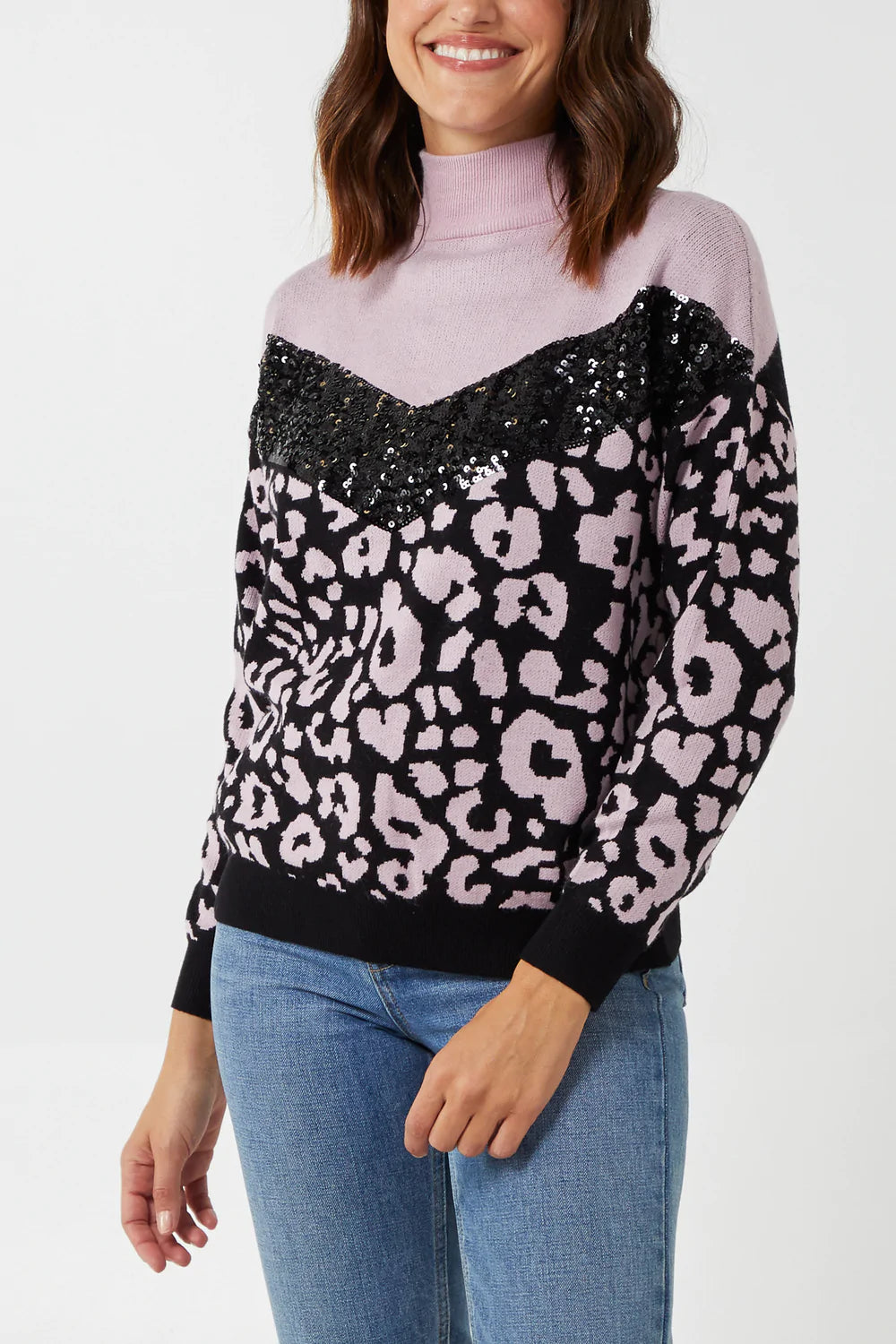 Sadie Animal Print And Sequined Detail High Neck Jumper