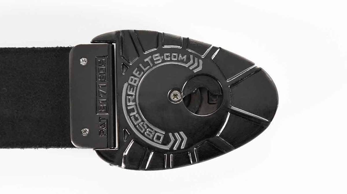 back of the dial belt buckle has a modern design in shiny black with light grey highlights.