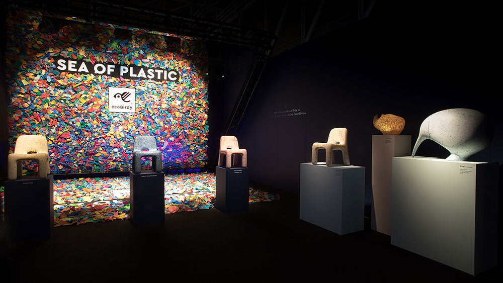 ecoBirdy's exhibit at Milan Design Week called “Sea of Plastic” showcased the transformation of post-consumer plastic waste into designer furniture.