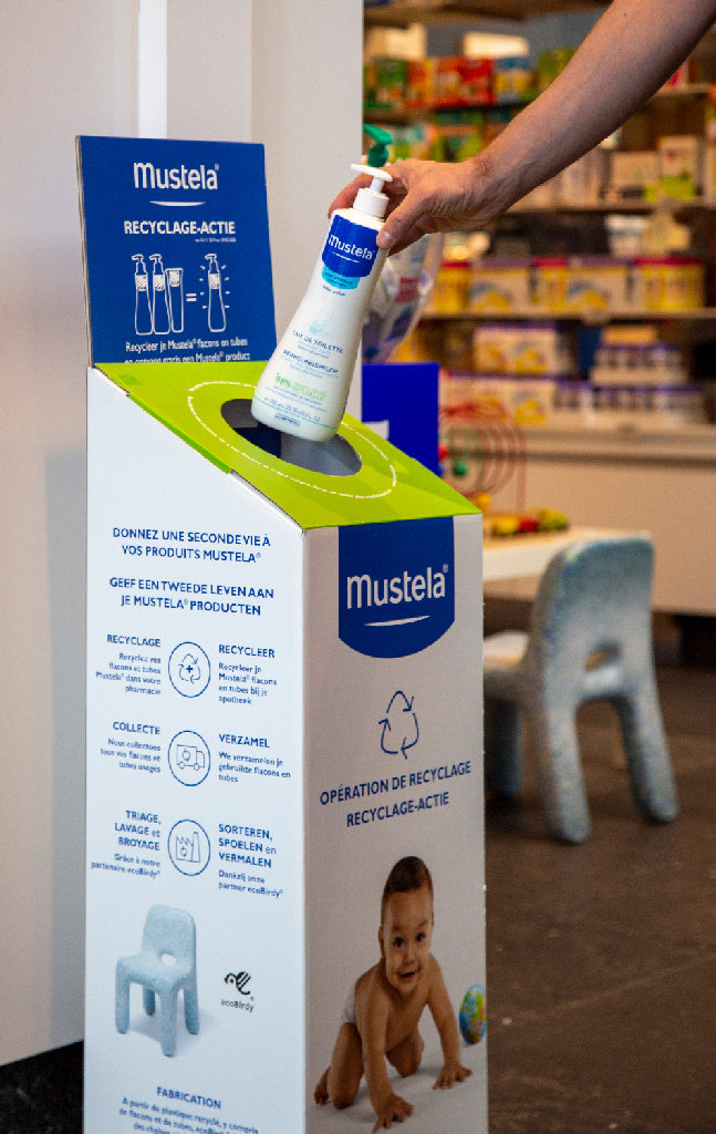 ecoBirdy partners with Mustela Laboratoires Expanscience to upcycle empty plastic bottles and flacons from baby care products into furniture pieces