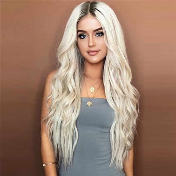 Generic Natural Long Curly Wavy Platinum Blonde Wig Middle Parting