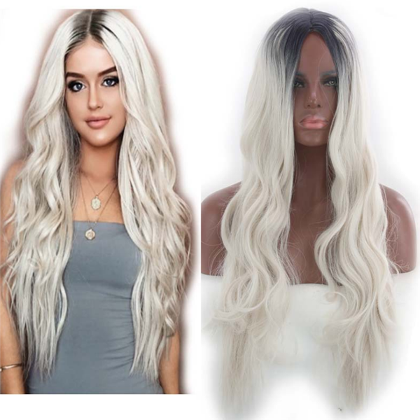 Generic Natural Long Curly Wavy Platinum Blonde Wig Middle Parting