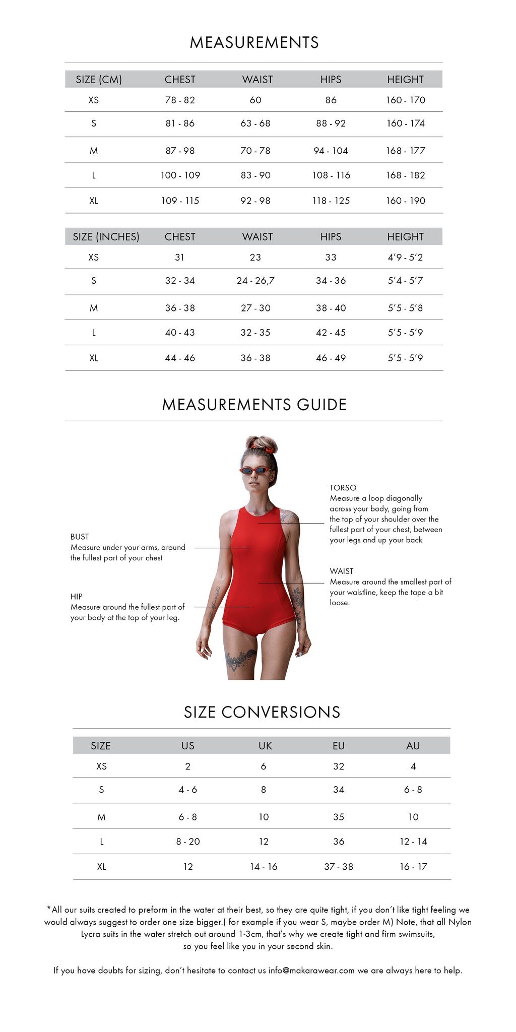 Makara wear size chart