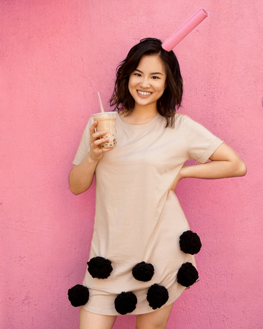 Woman wearing a boba costume for Halloween