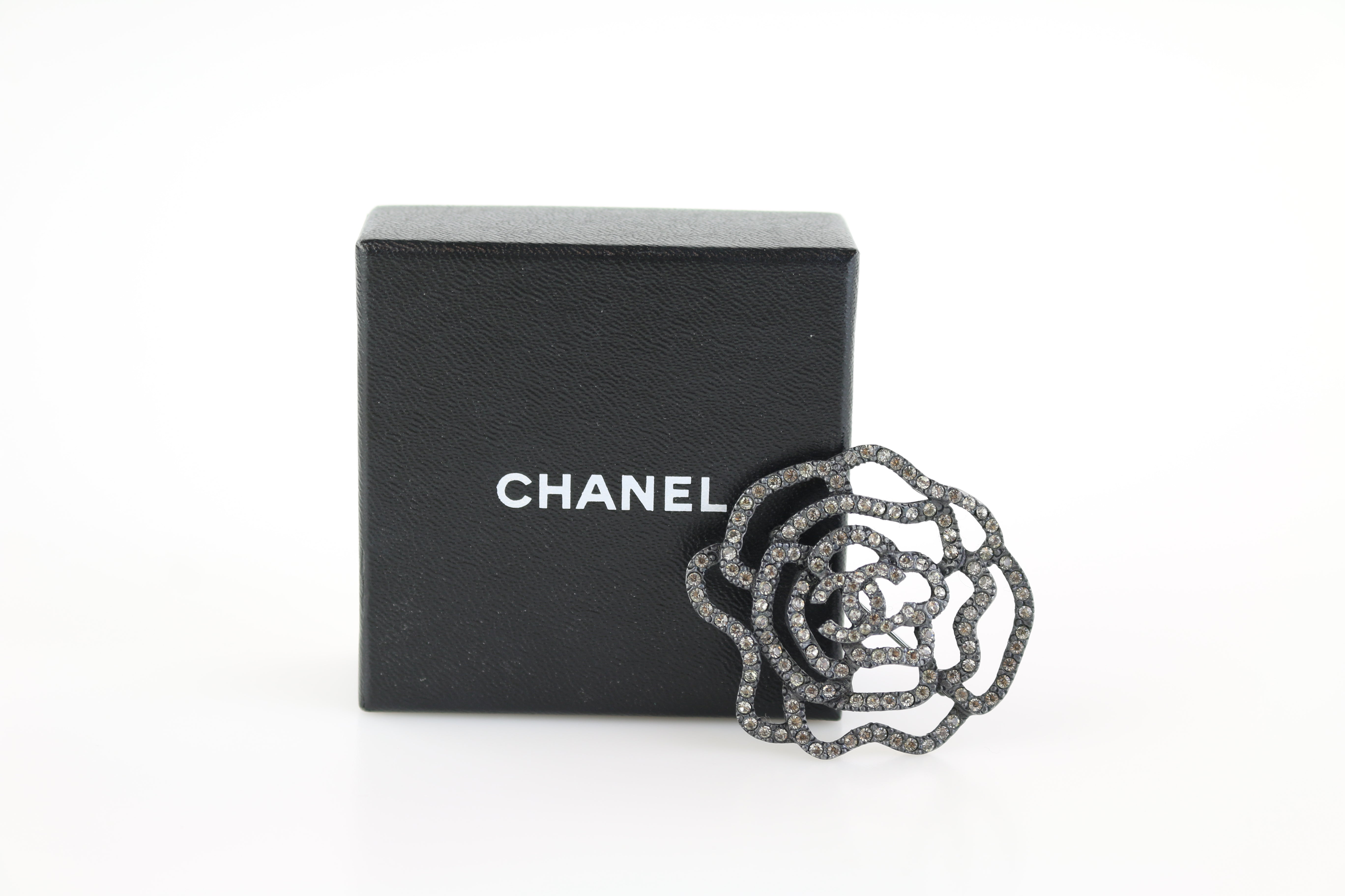 Crystal/Dark Grey Camellia Brooch