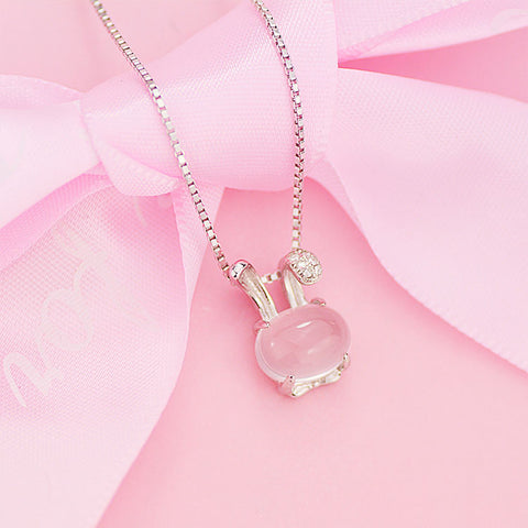 Pink Rose Quartz Bunny Pendant Necklace With Sterling Silver Chain Gift