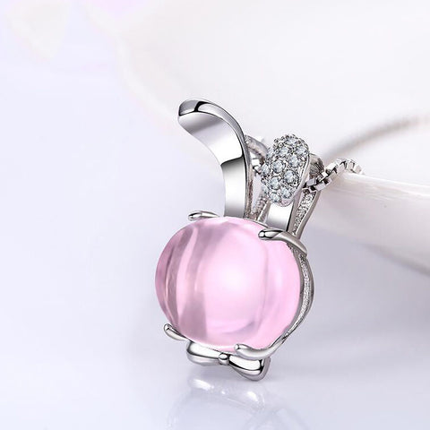 Pink Rose Quartz Bunny Pendant Necklace With Sterling Silver Chain Cute