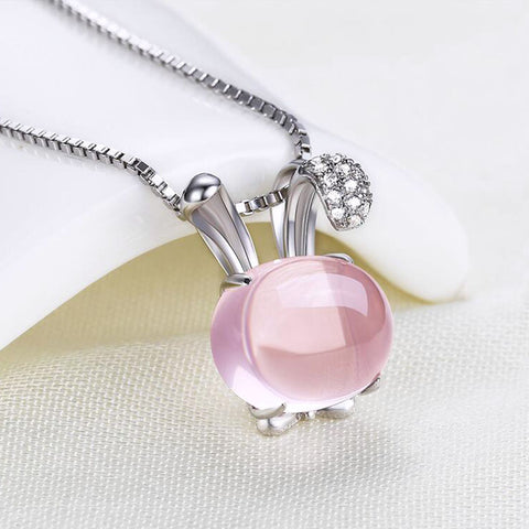 Pink Rose Quartz Bunny Pendant Necklace With Sterling Silver Chain