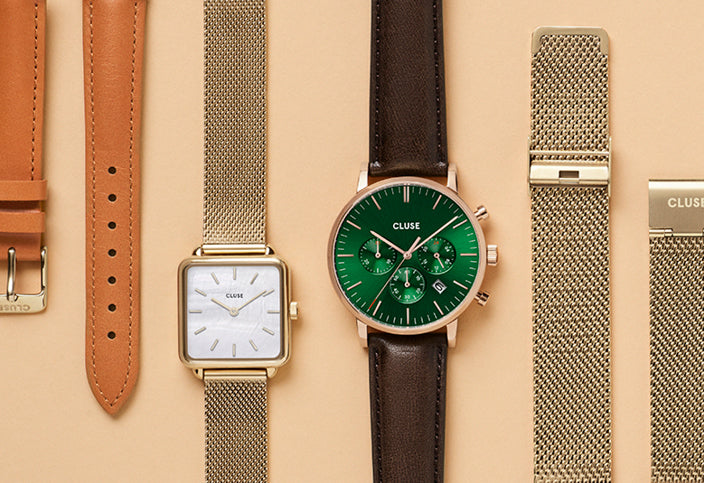 Reloj CLUSE La Tétragone para mujer y reloj Aravis para hombre con correa de malla dorada y correa en tono naranja