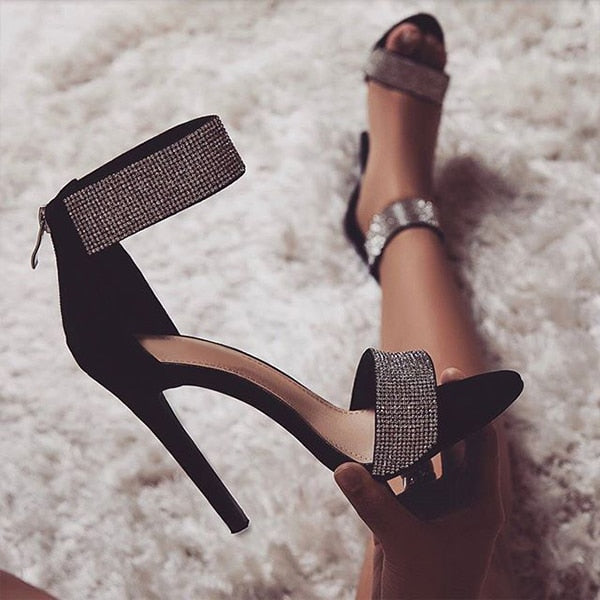 Crystal rhinestone black heel sandals 
