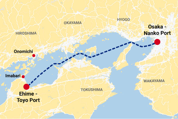 The ferry route from Osaka port to Toyo port in Shikoku.