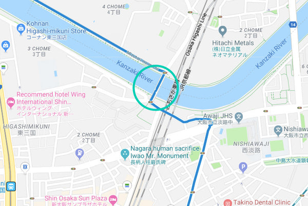 Location of intersection to get onto Kanzaki river.