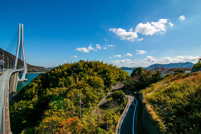 Beautiful views and cycling paths along the Shimanami kaido cycling route in Japan.