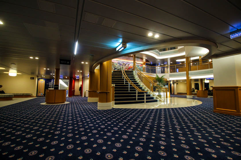 The new ferry interior of the orange ferry going between Osaka and Ehime.