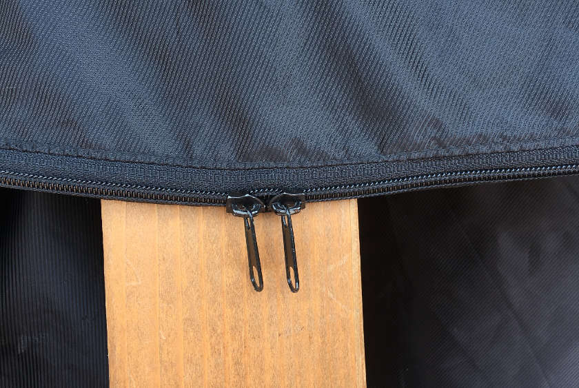 The two zippers on the bag.