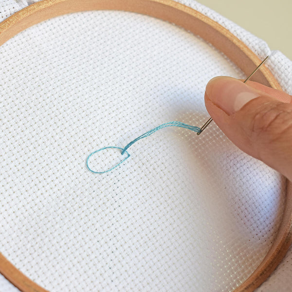Pass the thread through the loop on the reverse of the fabric - how to cross stitch