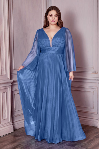 Long Sleeve Illusion V-neck Bodice Plus Size Chiffon Pleated Prom Gown Curvy Solid Bridesmaid Dress A-line Silhouette Skirt CDCD242C