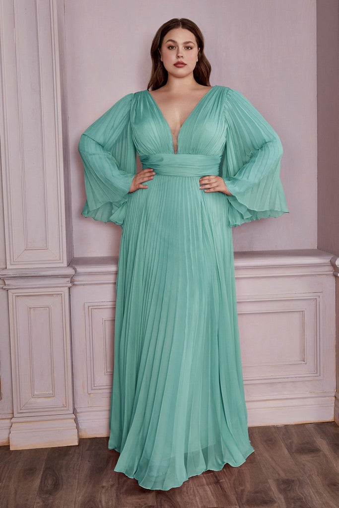 Long Sleeve Illusion V-neck Bodice Plus Size Chiffon Pleated Prom Gown Curvy Solid Bridesmaid Dress A-line Silhouette Skirt CDCD242C Sale