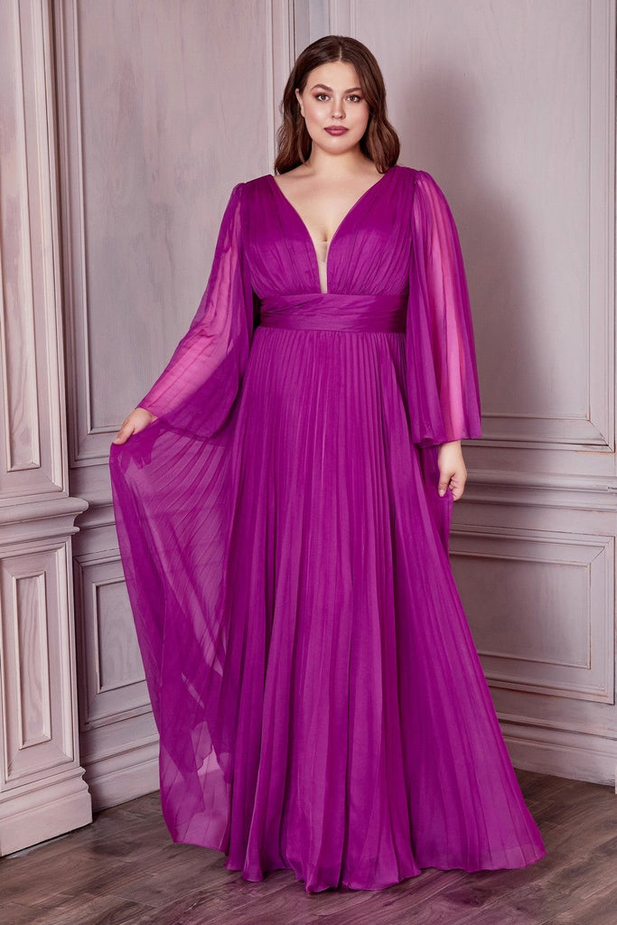 Long Sleeve Illusion V-neck Bodice Plus Size Chiffon Pleated Prom Gown Curvy Solid Bridesmaid Dress A-line Silhouette Skirt CDCD242C Sale