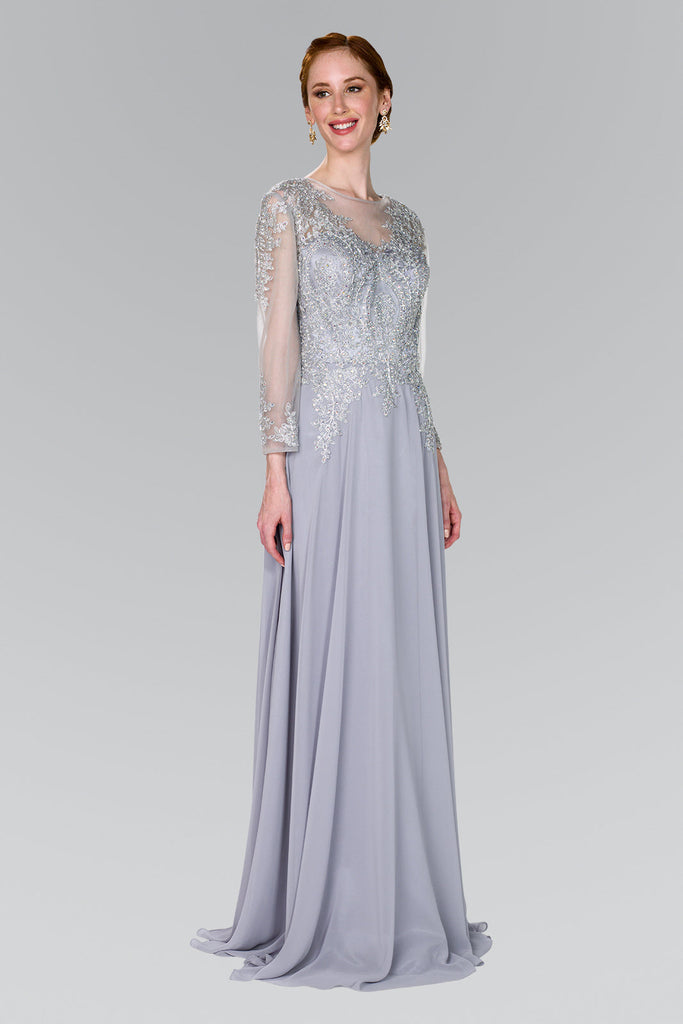 Lace Embellished Floor Length Dress with Sheer Sleeve GLGL1368 Sale