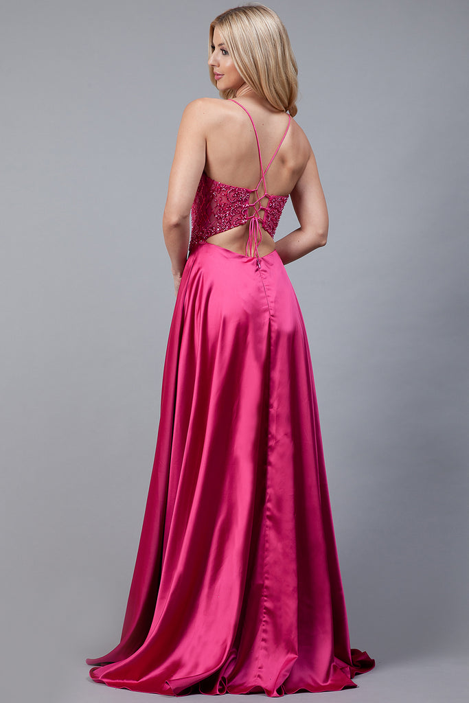 Front Slit Embroidered Bodice Straps Satin Skirt Long Prom Dress AC6120