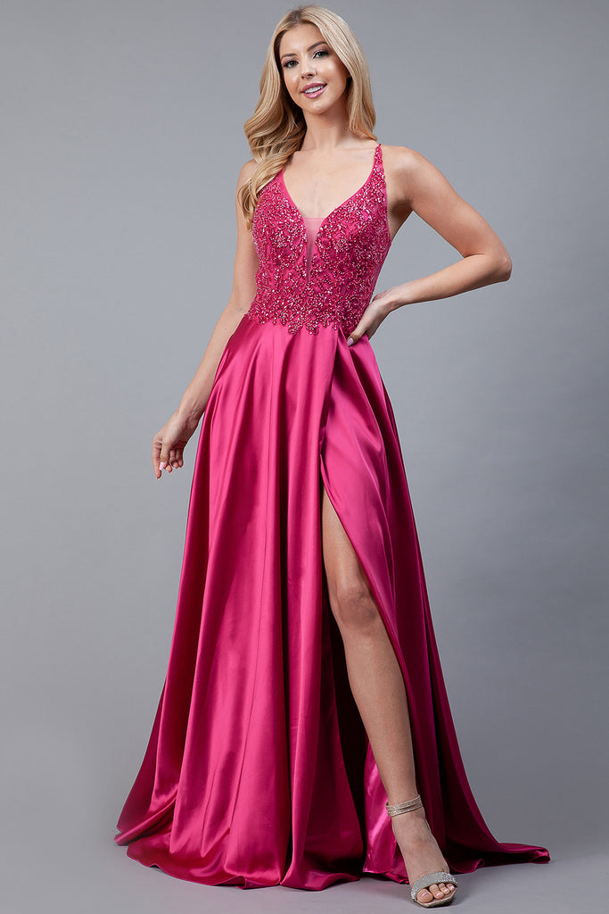 Front Slit Embroidered Bodice Straps Satin Skirt Long Prom Dress AC6120