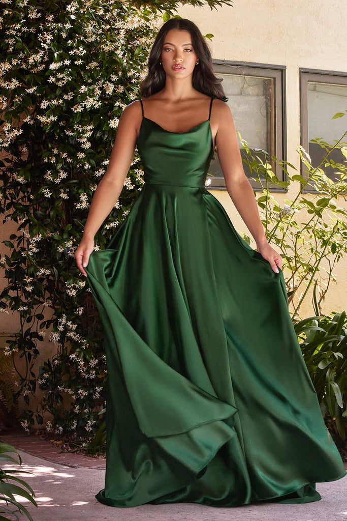 Satin A-Line Prom & Bridesmaid Dress Cowl Neck Spaghetti Strap Bodice Sexy High Leg Slit Elegant Formal Evening Gown CDBD104
