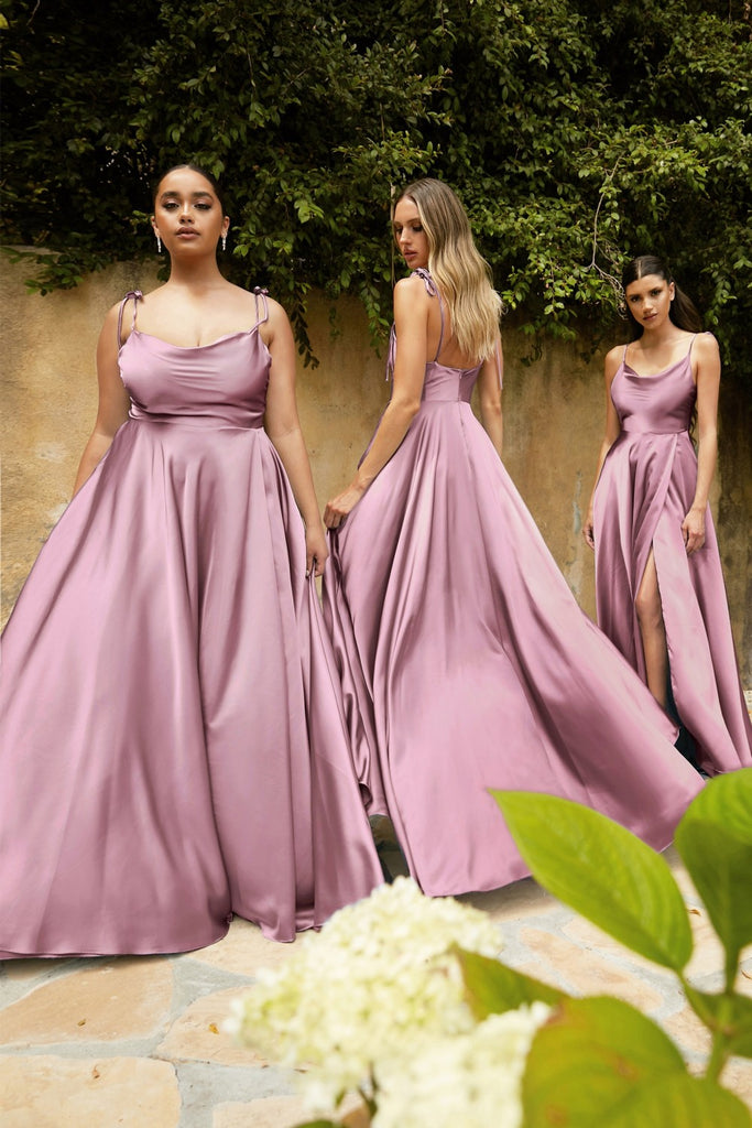 Satin A-Line Prom & Bridesmaid Dress Cowl Neck Spaghetti Strap Bodice Sexy High Leg Slit Elegant Formal Evening Gown CDBD104