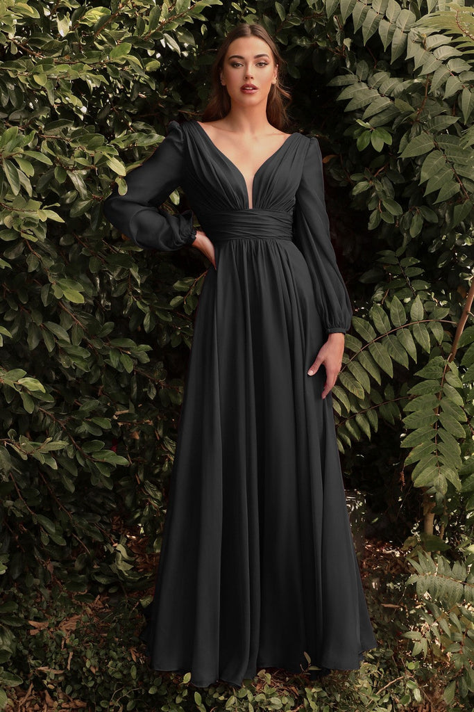 Long Sleeve Chiffon Prom & Ball Dress Modest Gown Gathered Fitted Bodice Sensual Open Back A-line Silhouette CDCD0192 Sale