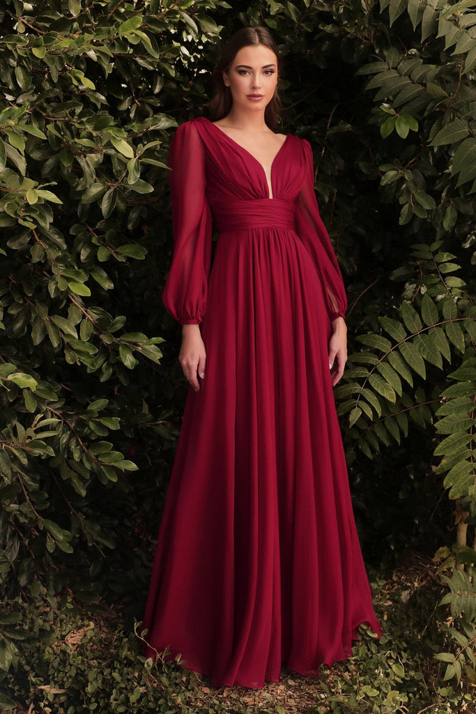 Long Sleeve Chiffon Prom & Ball Dress Modest Gown Gathered Fitted Bodice Sensual Open Back A-line Silhouette CDCD0192 Sale