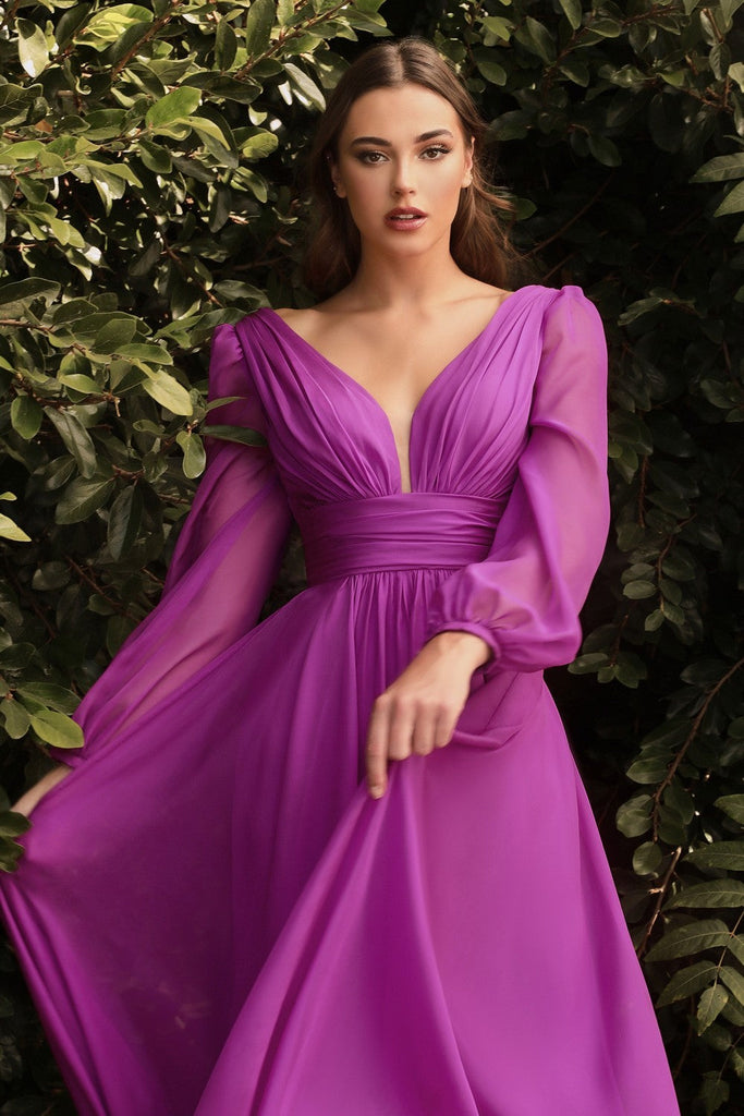 Long Sleeve Chiffon Prom & Ball Dress Modest Gown Gathered Fitted Bodice Sensual Open Back A-line Silhouette CDCD0192