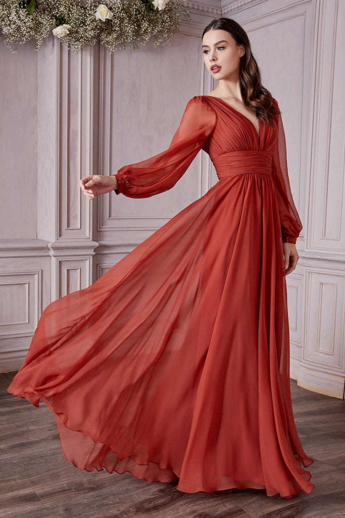 Long Sleeve Chiffon Prom & Ball Dress Modest Gown Gathered Fitted Bodice Sensual Open Back A-line Silhouette CDCD0192 Sale